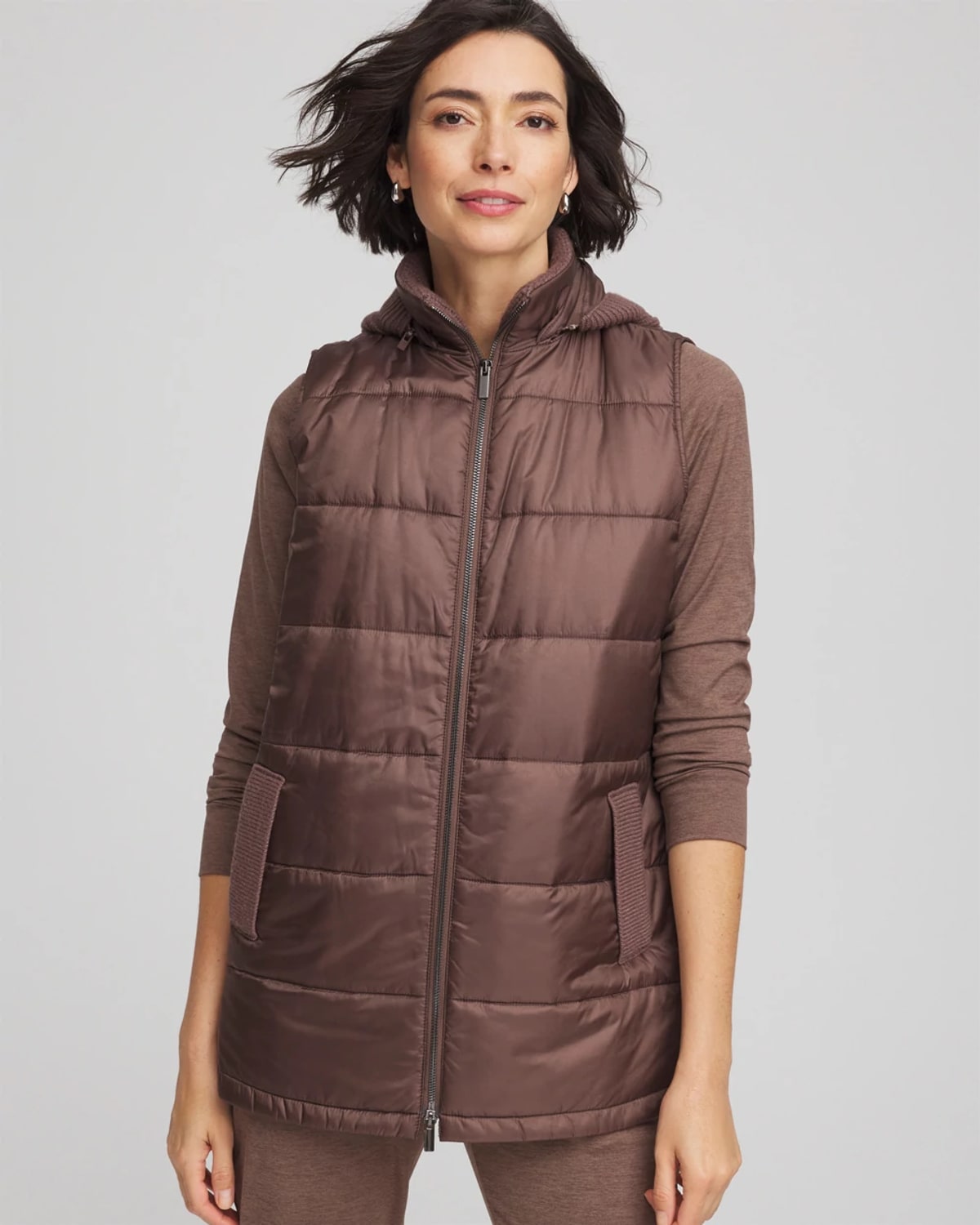 Chico's Quilted Hooded Vest In Walnut In Brown