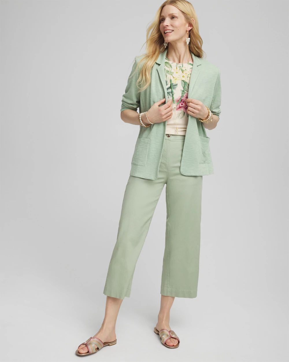 Ribbed Waist Linen Blend Straight-Leg Cropped Pants