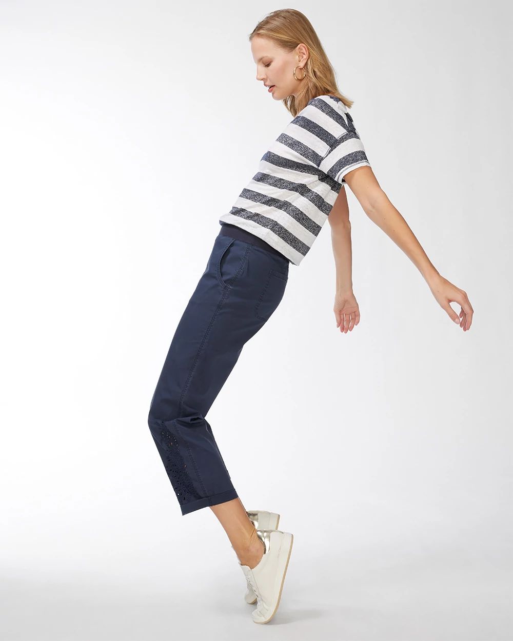 Blue Eyelet Convertible Hem Crops