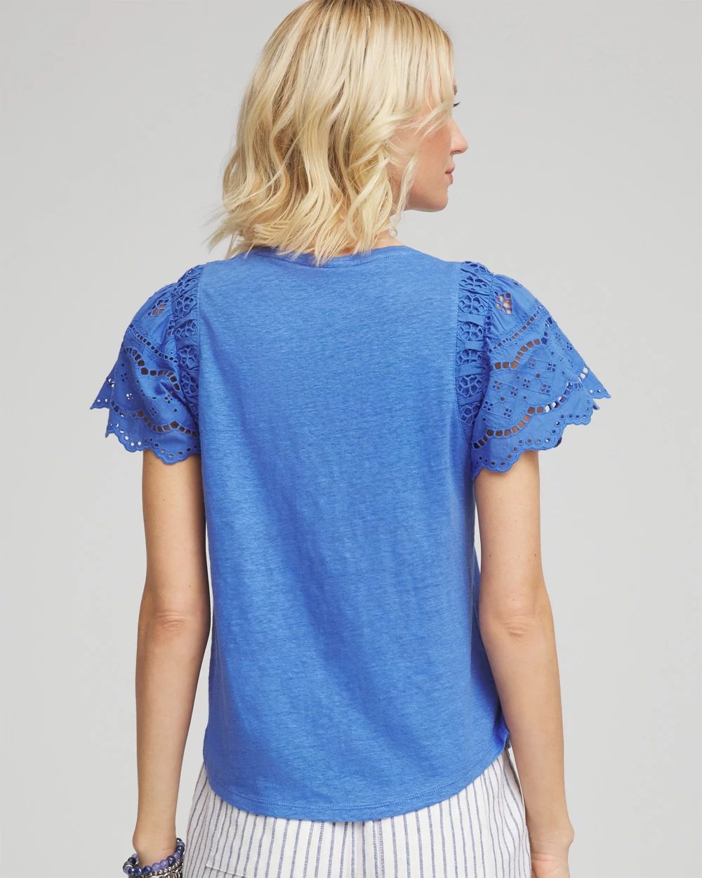 Linen Embroidered Flutter-Sleeved Tee