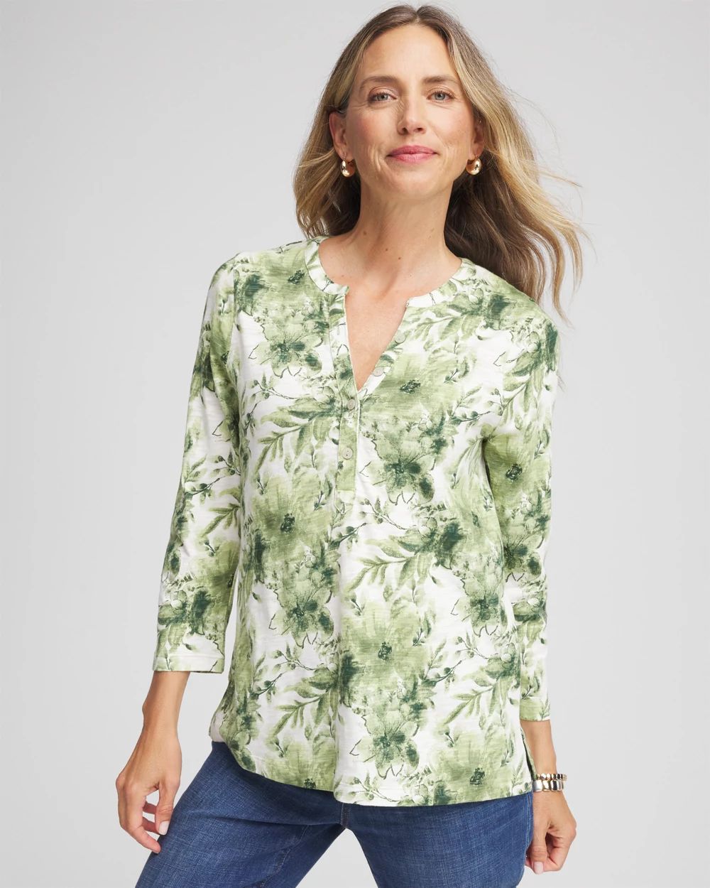 Printed Slub Split Neck Henley Tee