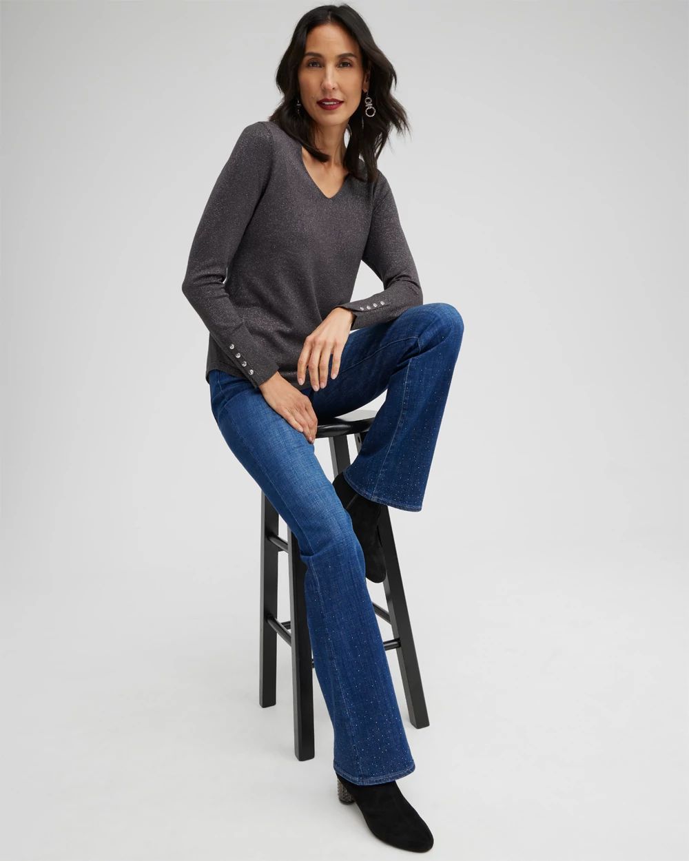 Spun Rayon Lurex V-neck Sweater