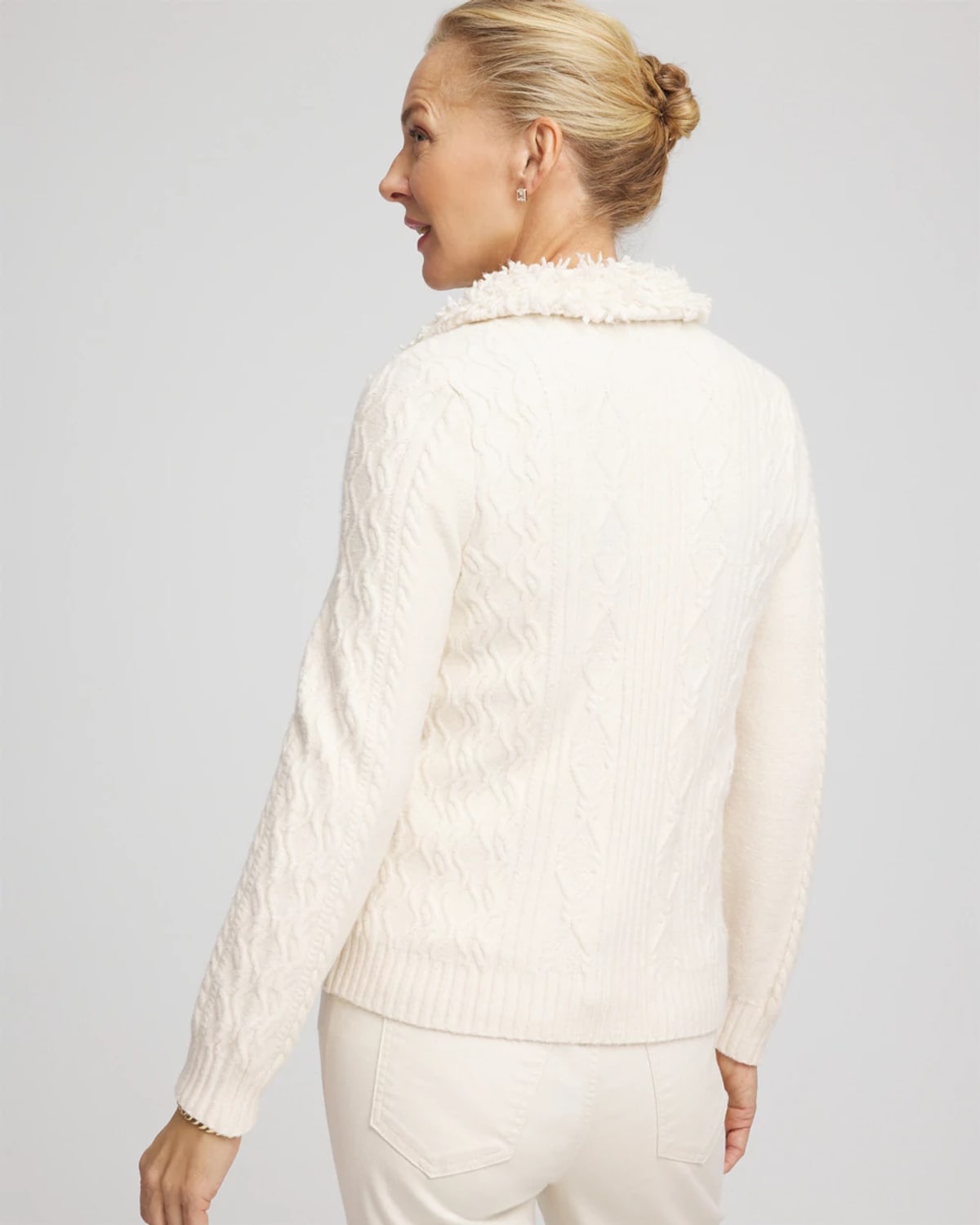 Chico's Fur Trim Moto Cardigan Sweater In Cream