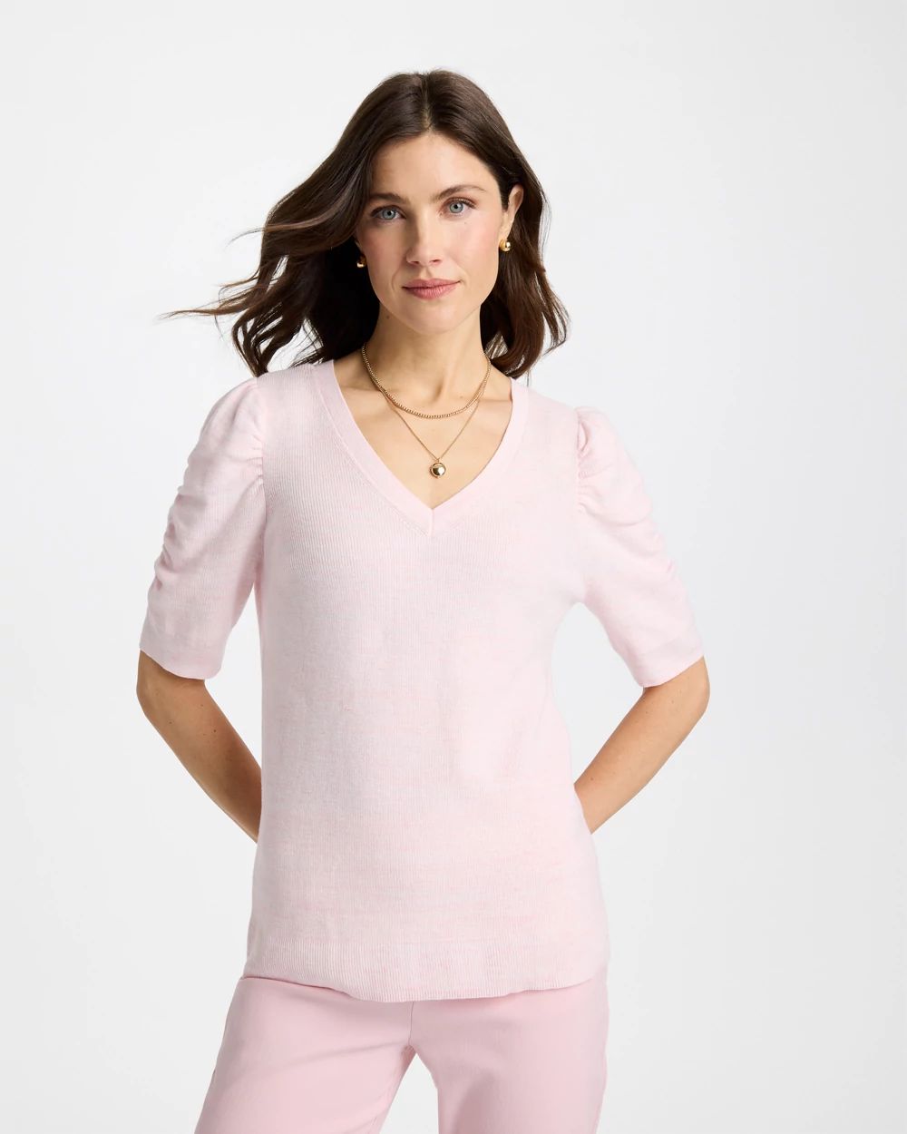Space Dyed Ruched V-Neck Pullover Sweater
