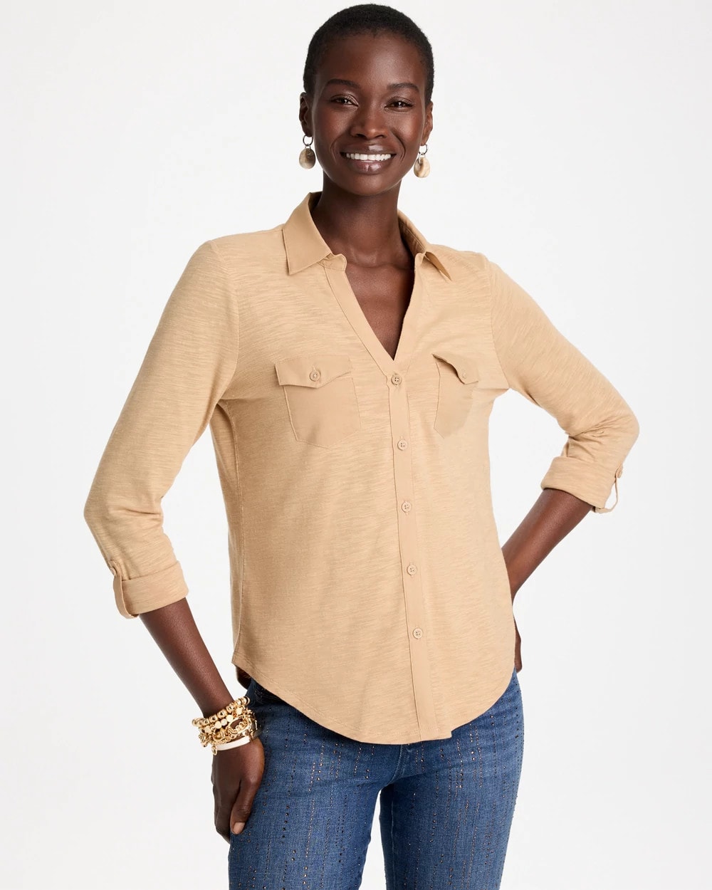 Button-Front Collared Henley Top