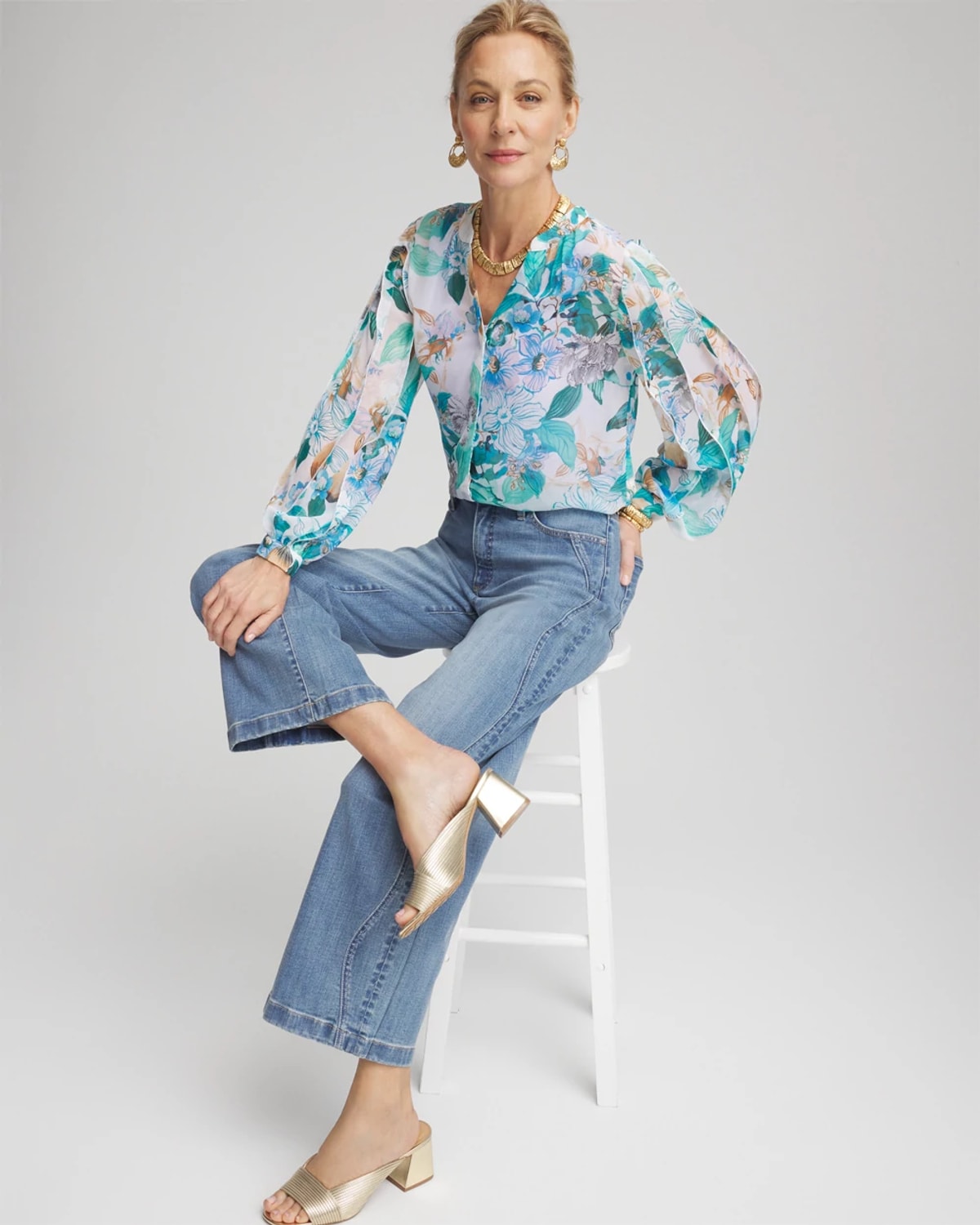 Chico's Georgette Billow Sleeved Blouse In Blue