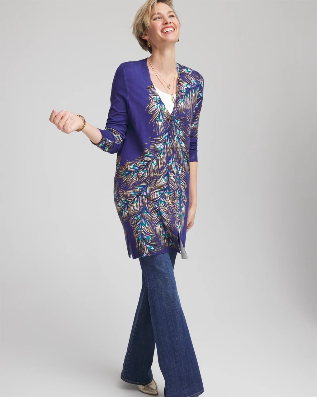 Chico's Ella Peacock-print Cardigan Sweater In Dark Cobalt In Blue