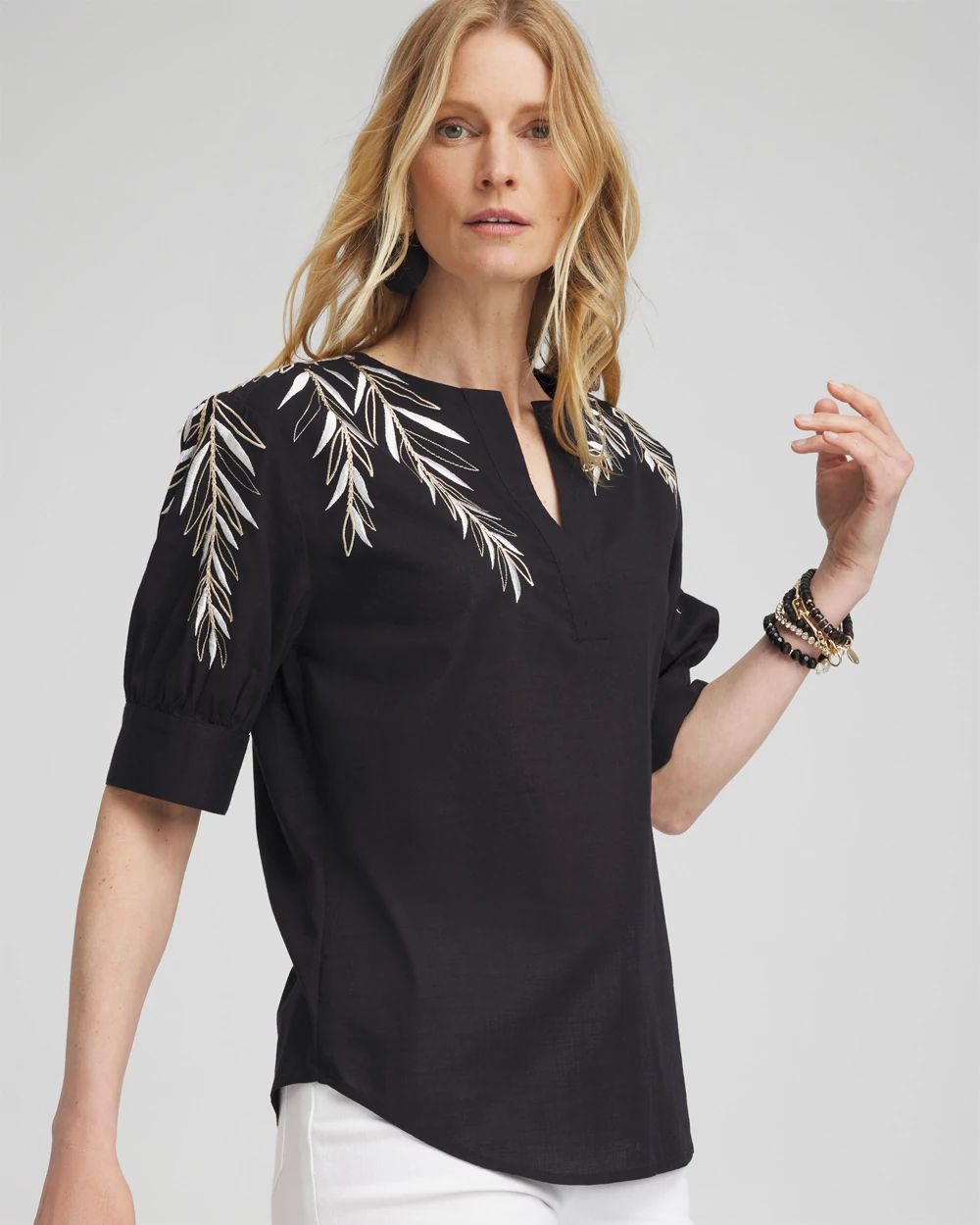 Embroidered Split Neck Top