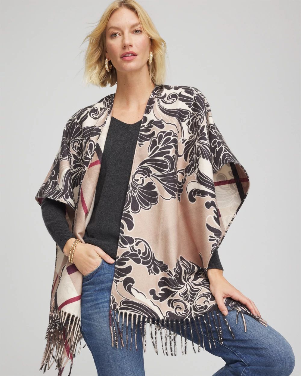 Reversible Printed Fringe Ruana