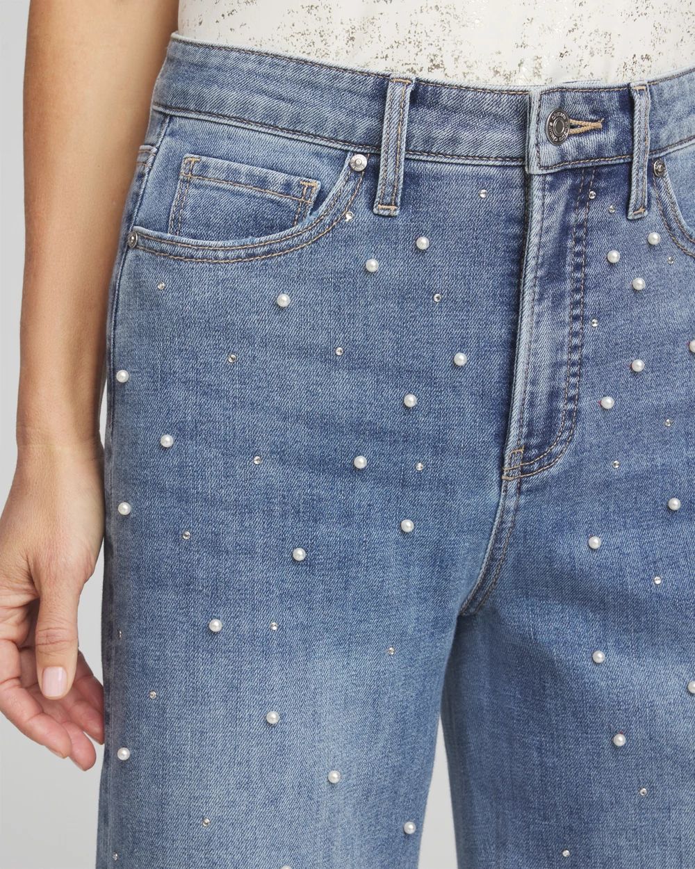 Pearl Embellished High Rise Wide Leg Jeans