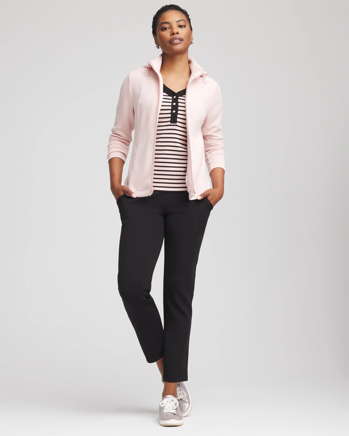 Chico's Stripe Ribbed Henley Tee In Pink In Pink