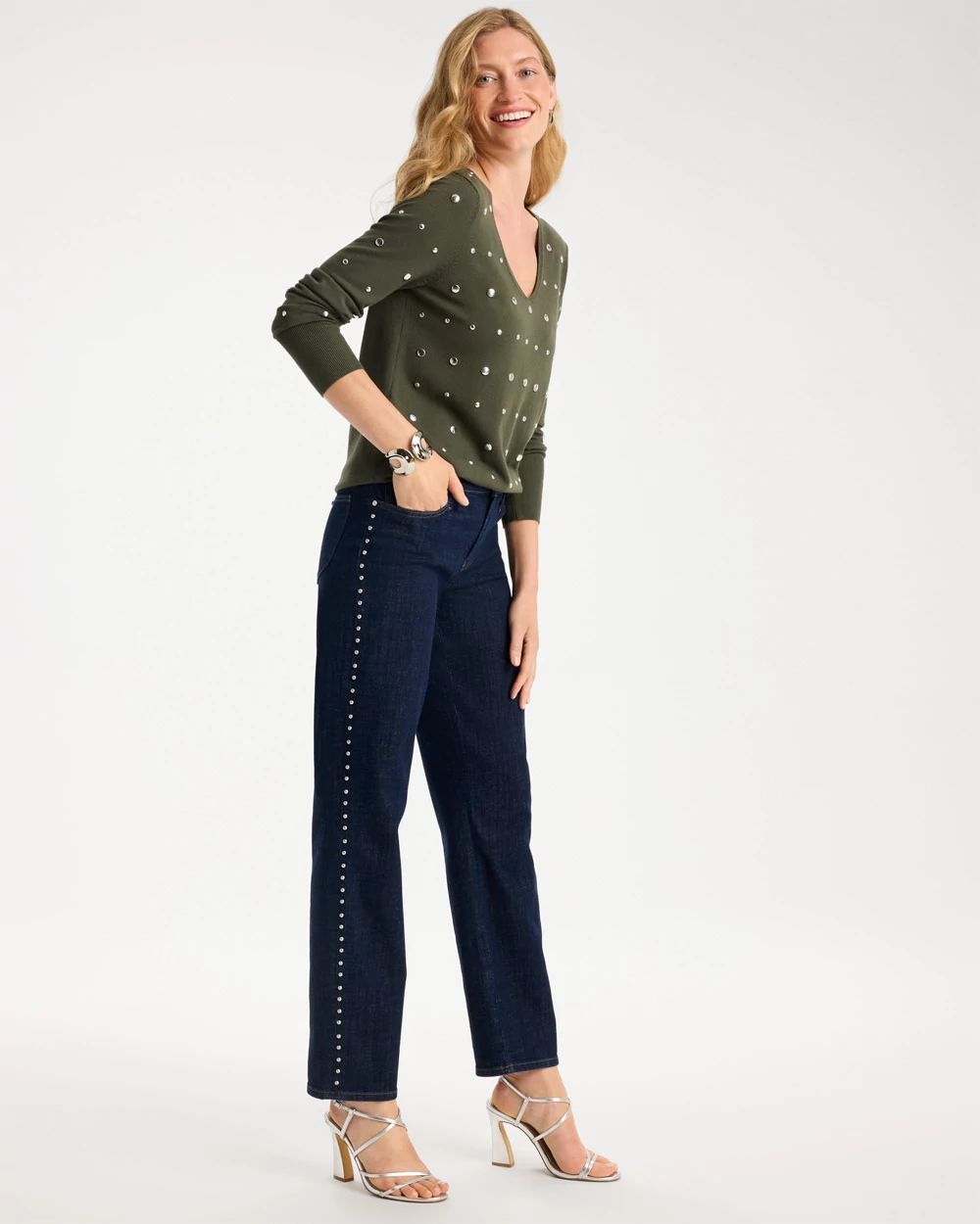 Studded Girlfriend Straight Ankle Jeans click to view larger image.