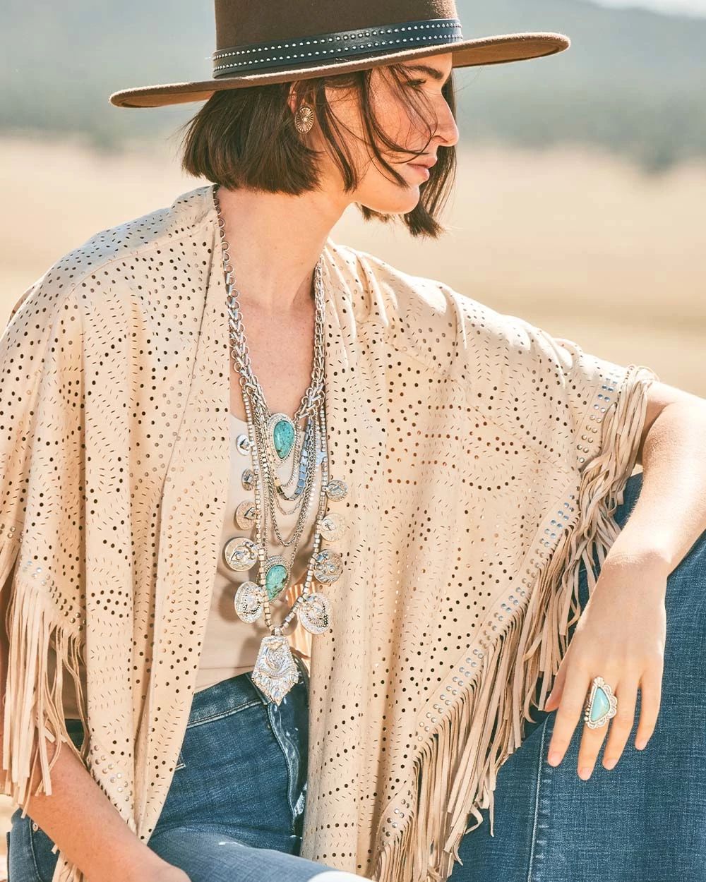 Perforated Suede-Motif Fringe Ruana