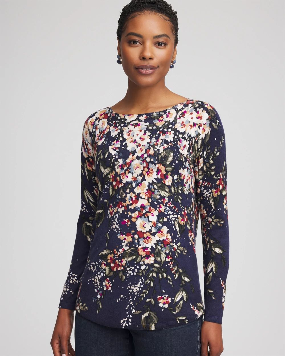 Ella Floral Ribbed-Bateau Pullover Sweater