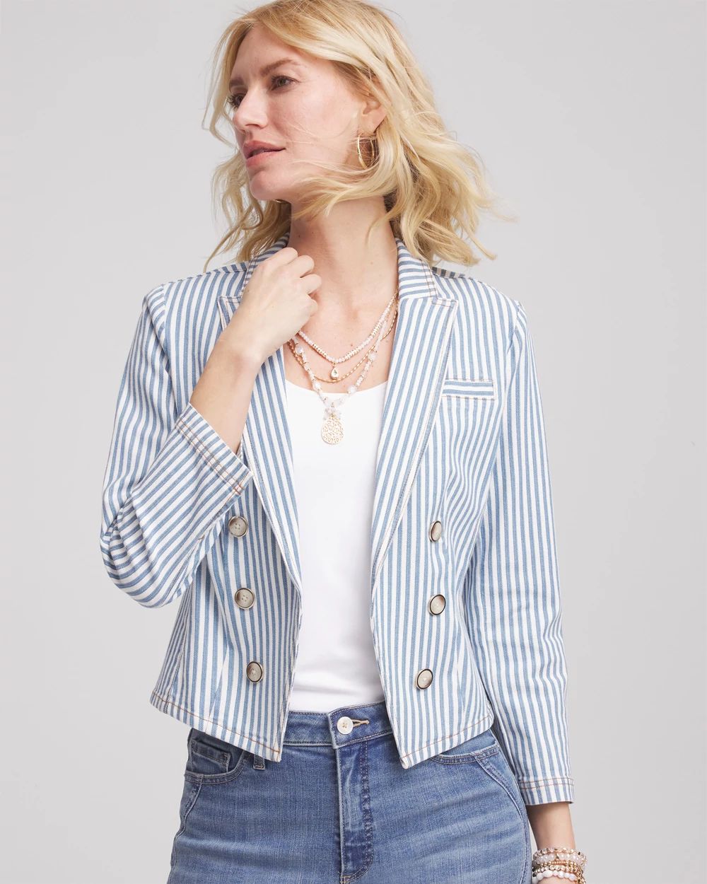 Striped Open Front Denim Jacket