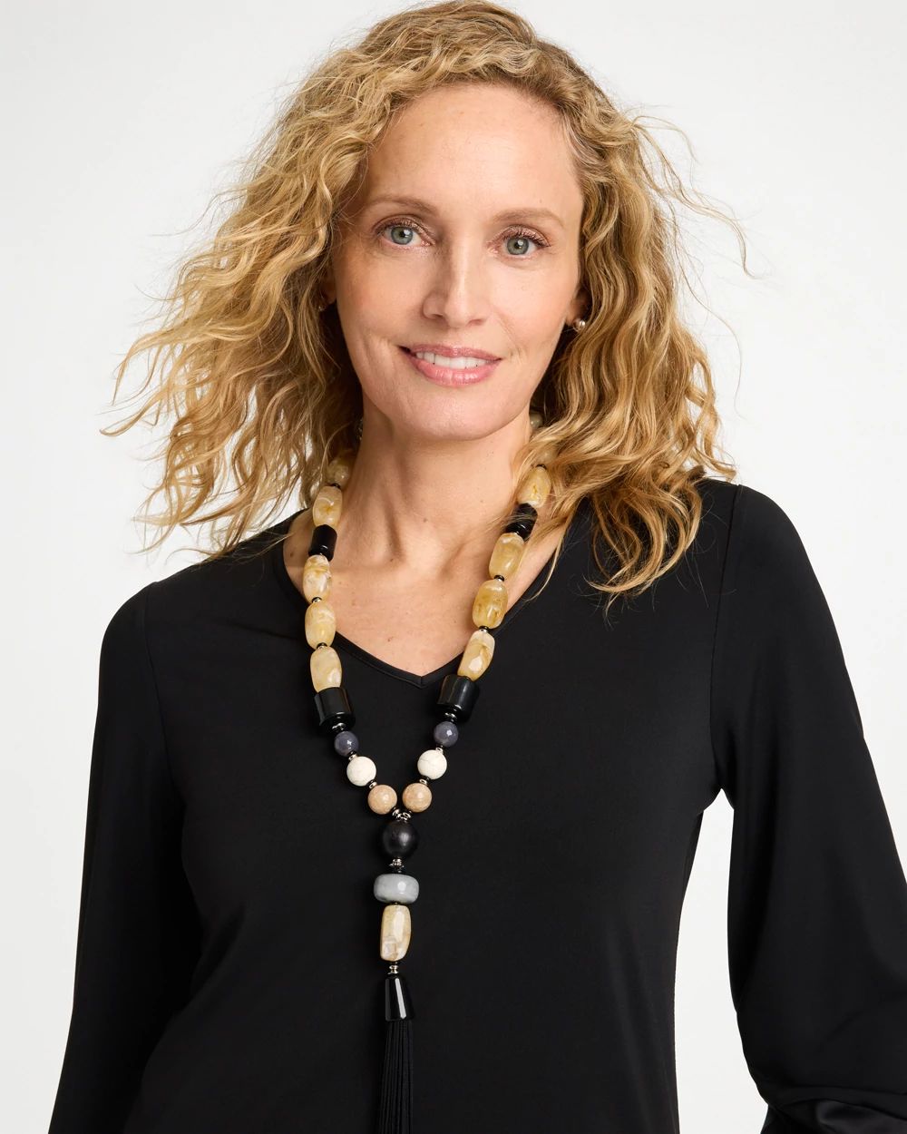 Neutral Large Beaded Tassel Necklace click to view larger image.