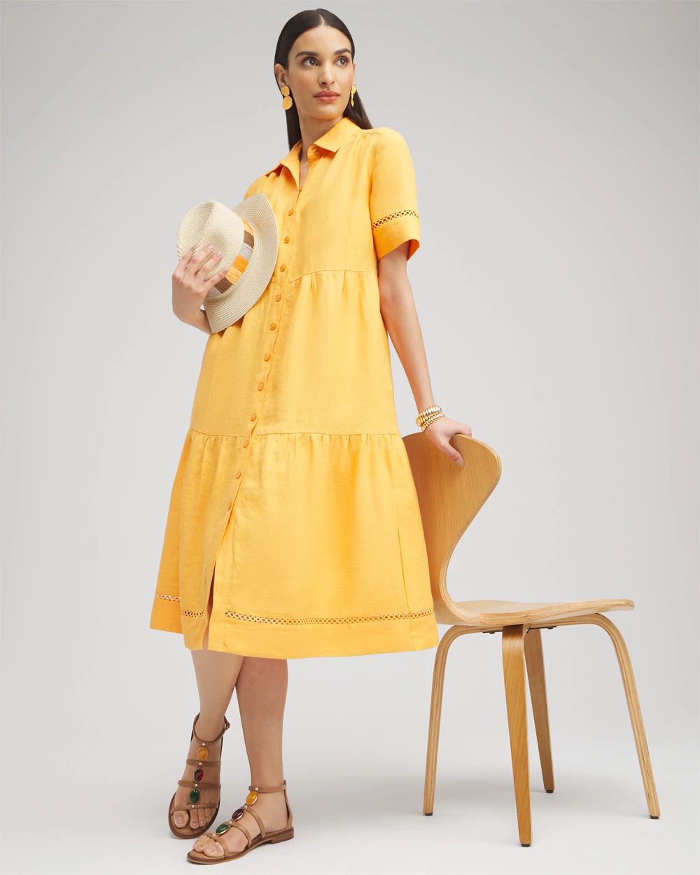 Linen Lattice Trim Midi Dress
