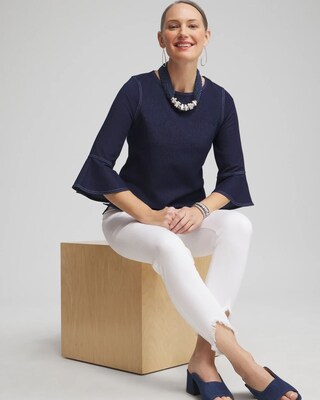 Faux Denim Trumpet Sleeve Top