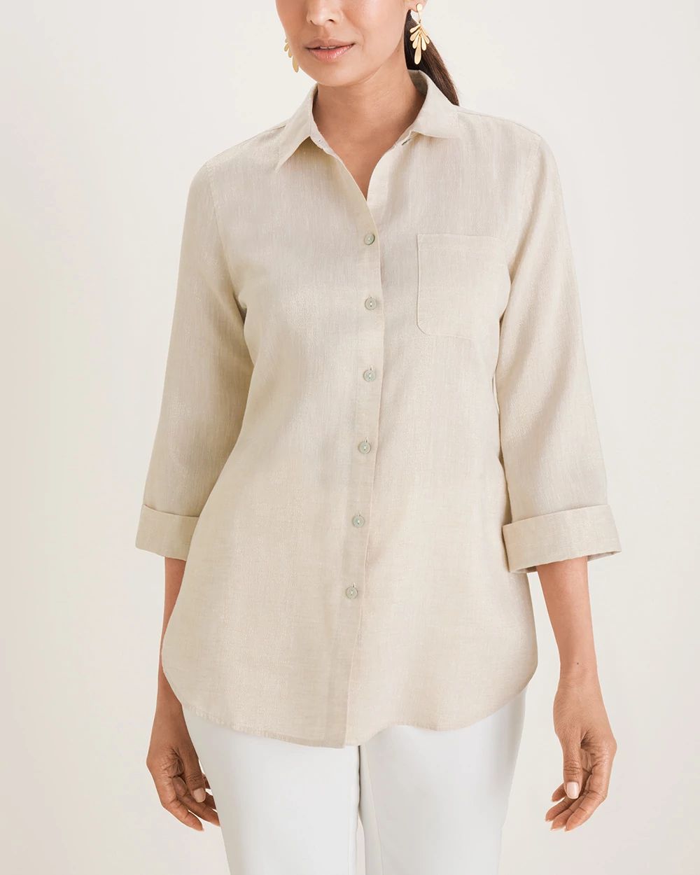 No-Iron FreshChic Linen-Blend Metallic Shirt