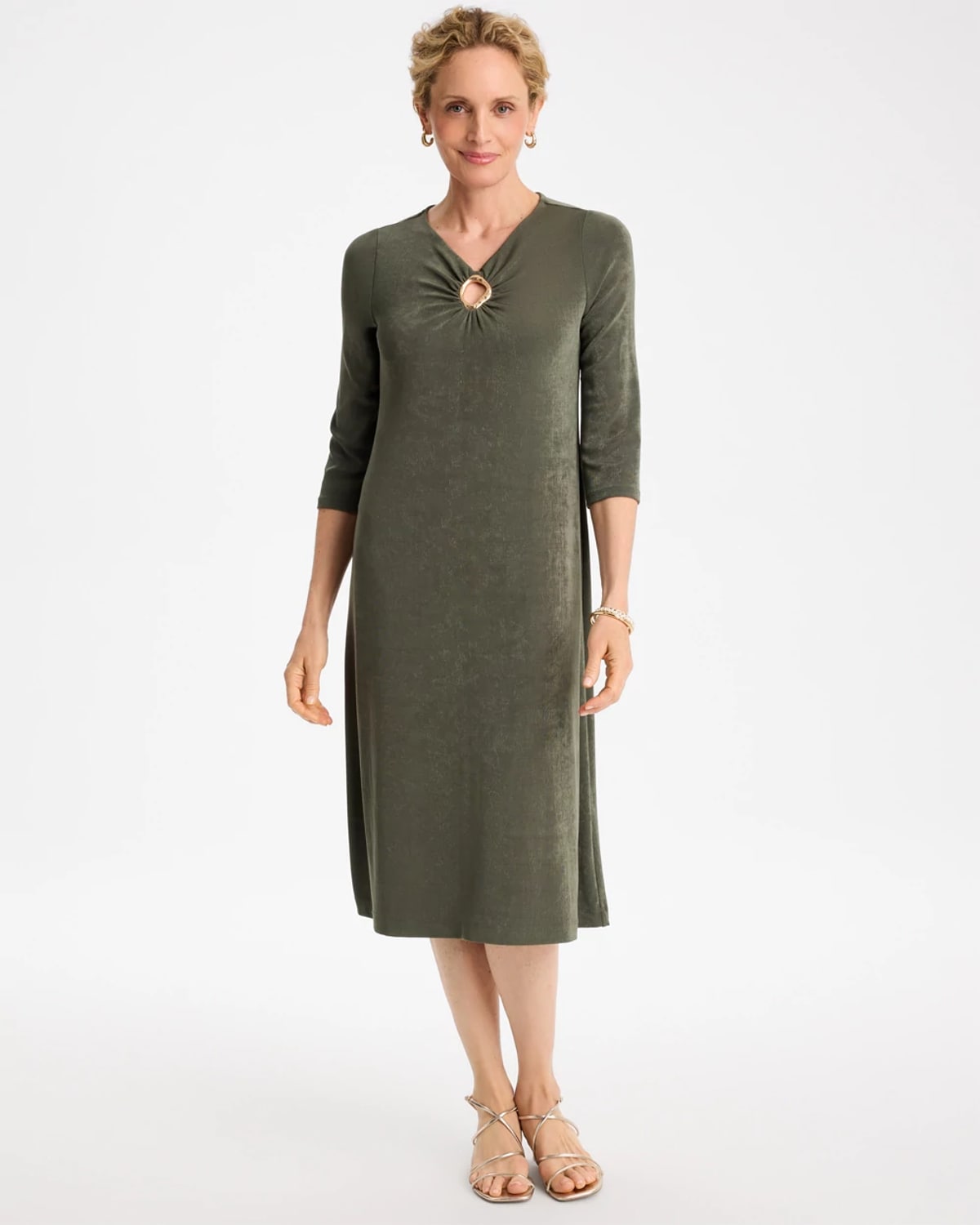Chico's Travelers™ Hardware 3/4 Sleeve Dress In Mossy Grove