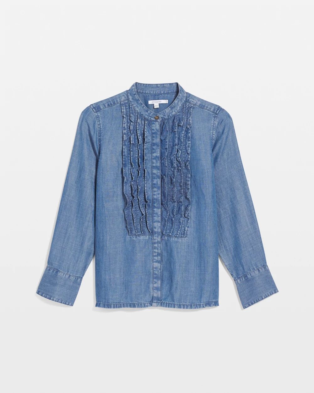 Denim Ruffle Front Shirt click to view larger image.