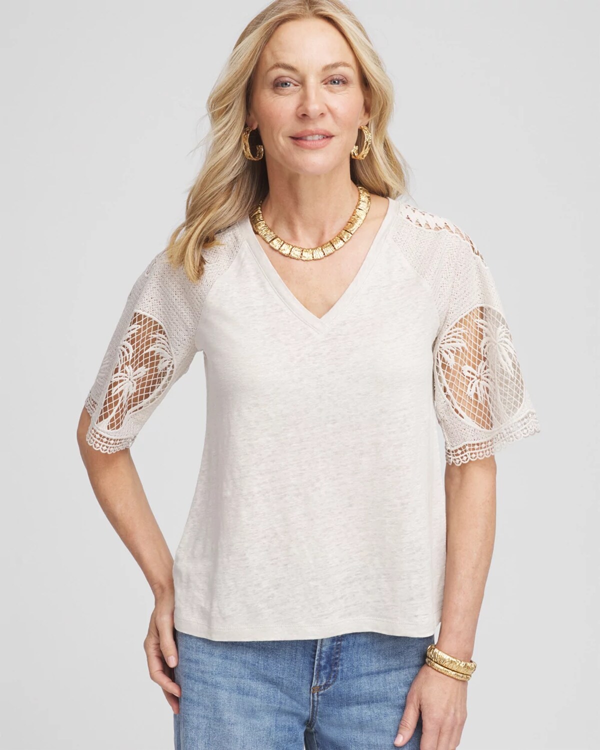 Chico's Linen Crochet Lace Short Sleeve Tee In Neutral In Gray