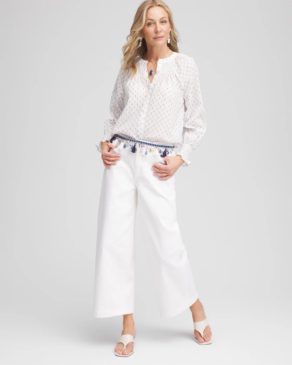 Smocked Split-neck Blouse