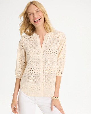 Cotton Voile Eyelet 3/4 Sleeve Blouse