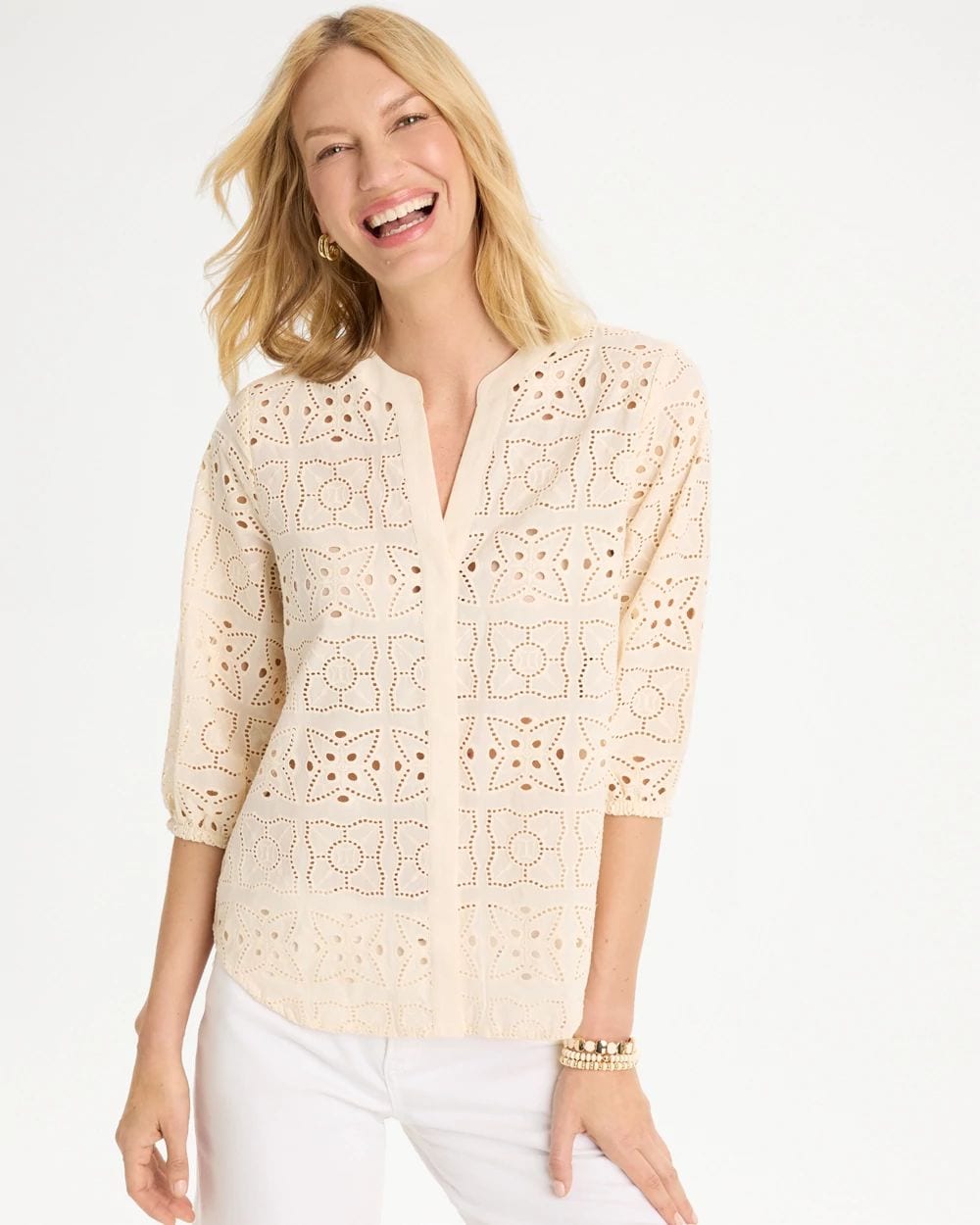 Cotton Voile Eyelet 3/4 Sleeve Blouse
