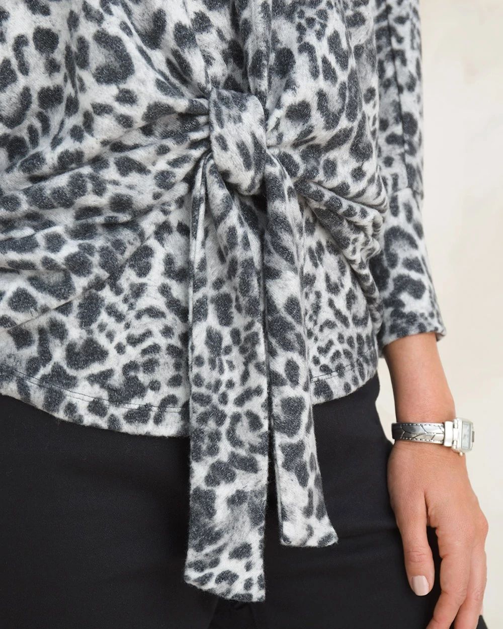 Animal-Print Cozy Knit Tie Cardigan