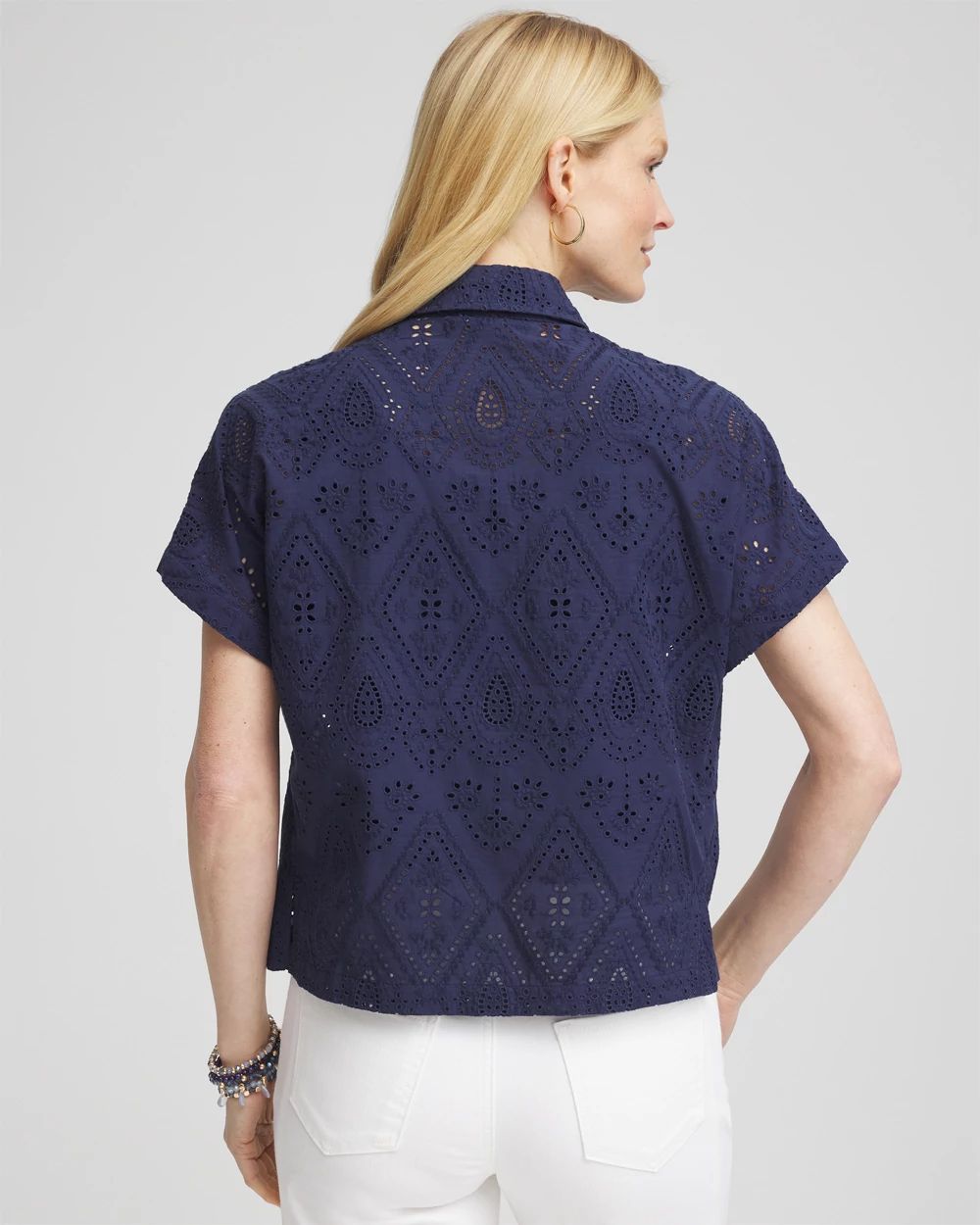 Embroidered Eyelet Button-down Top