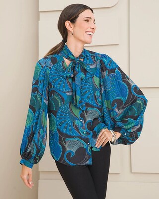 Peacock-Print Satin Tie-Neck Blouse
