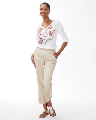 Neutral Eyelet Convertible Hem Crops