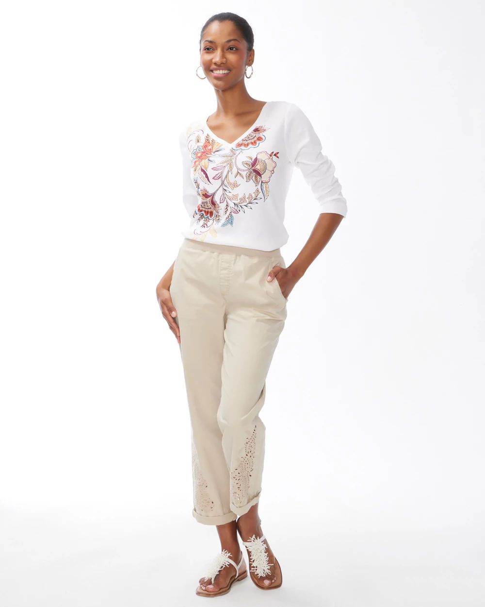 Neutral Eyelet Convertible Hem Crops