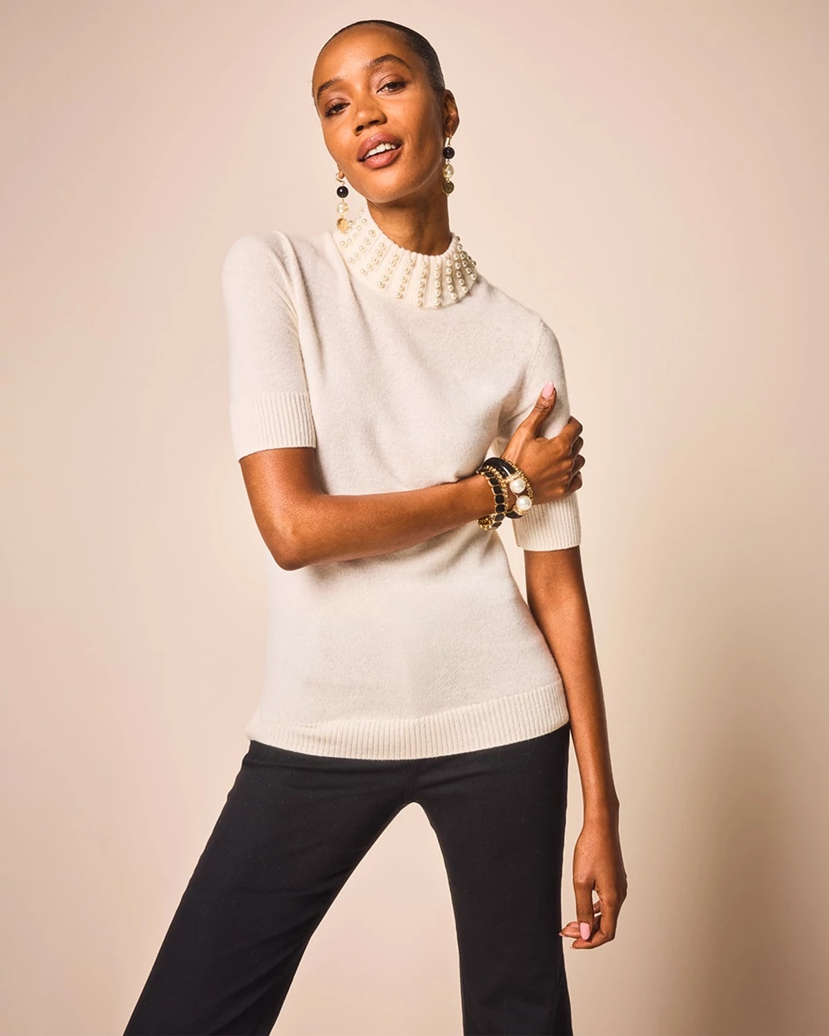 Chico's Cashmere Pearl Mockneck Sweater In Cream In White