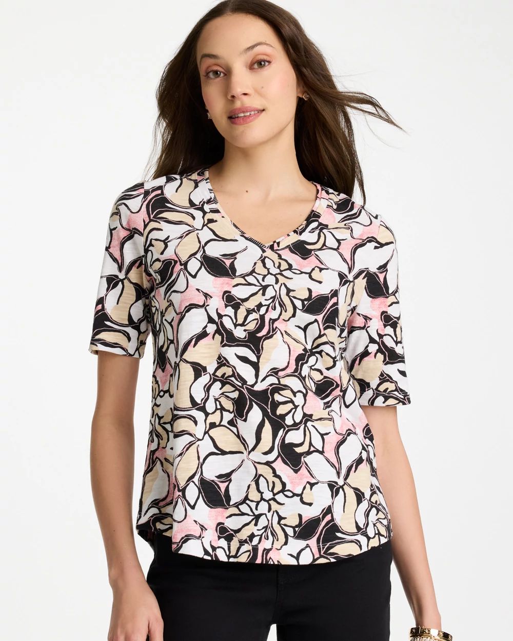 Printed Cotton Slub V-Neck Tee