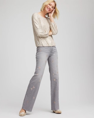 Rose Gold Embellished Girlfriend Flared Jeans click to view larger image.