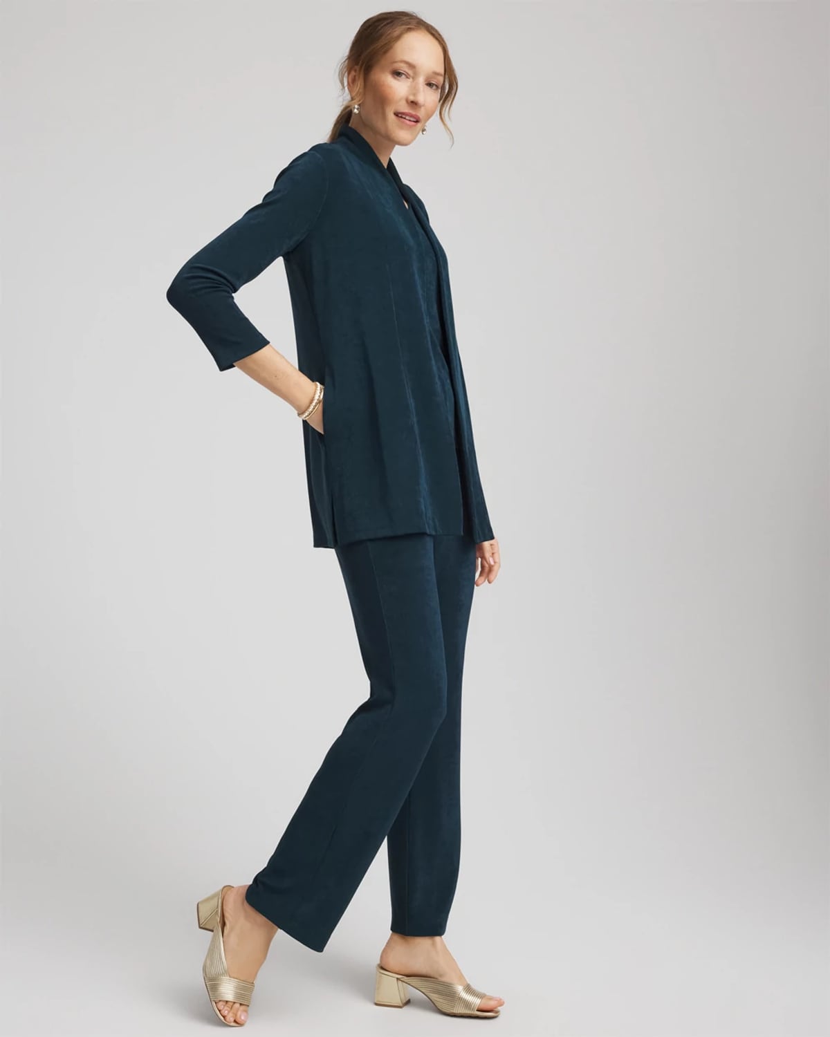 Chico's Travelers™ Long Knit Jacket In Teal Shadow