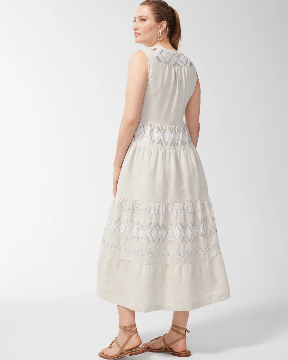 Linen Embroidered Tiered Maxi Dress