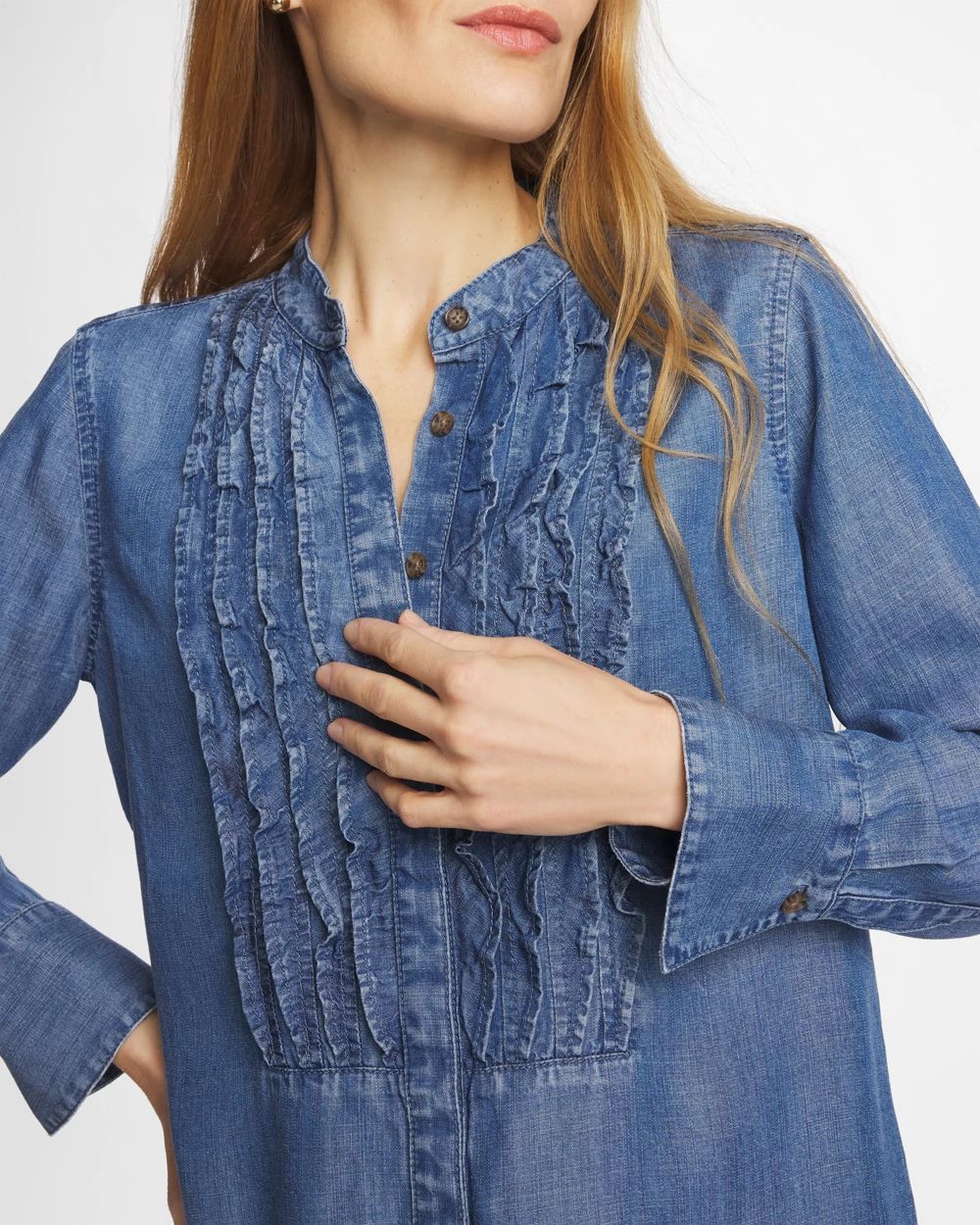 Denim Ruffle Front Shirt click to view larger image.