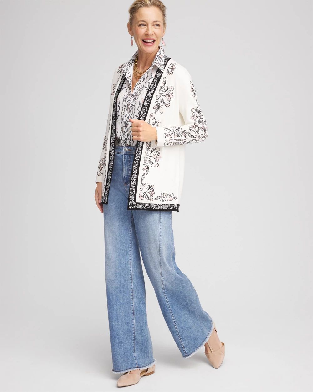 Embroidered Open-Front Cardigan