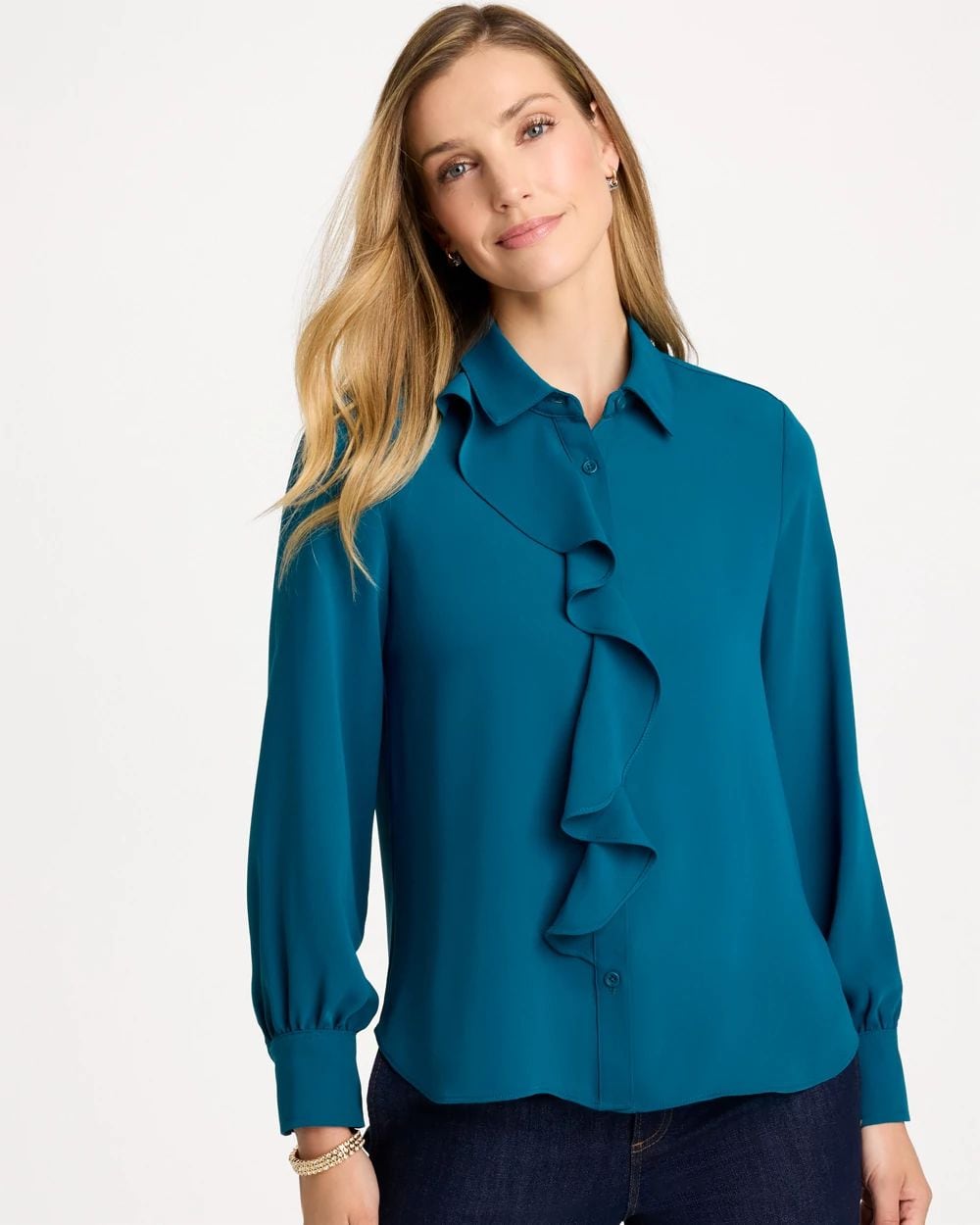 Matte Satin Ruffled Button-Down Blouse