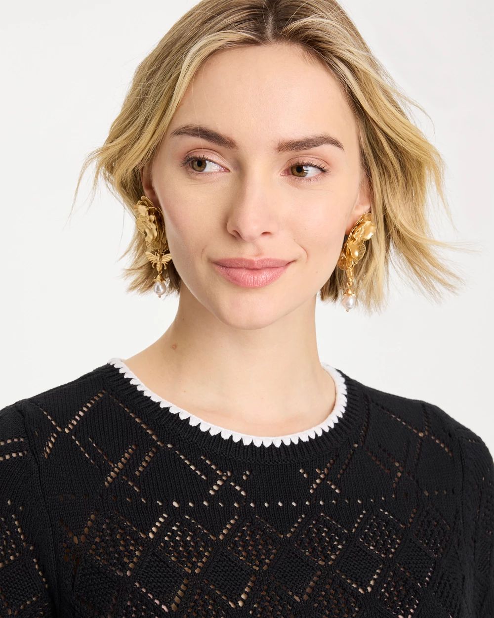 Pointelle Blanket-Stitch Pullover Sweater