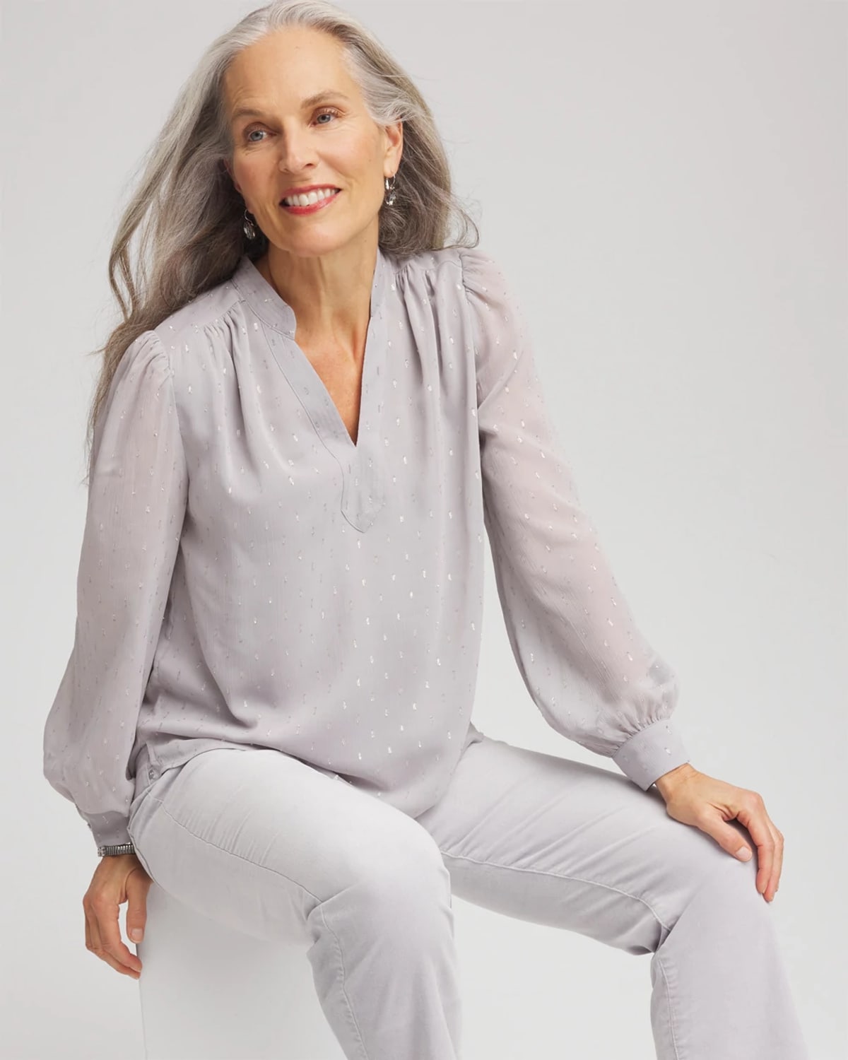 Chico's Georgette Clip Dot Blouse In Denim In Gray