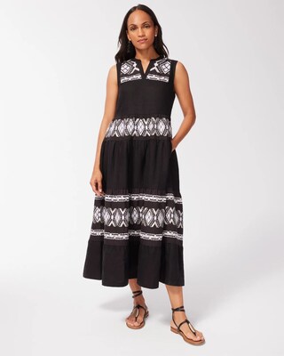 Linen Embroidered Tiered Maxi Dress