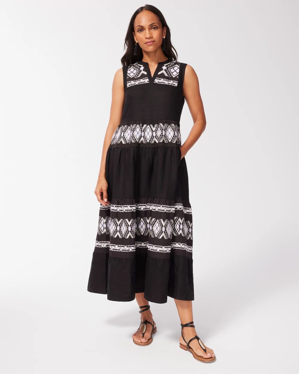 Linen Embroidered Tiered Maxi Dress