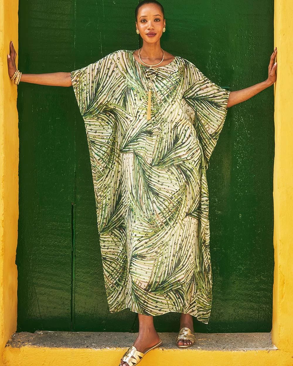 Crinkle-Chiffon Kaftan Dress