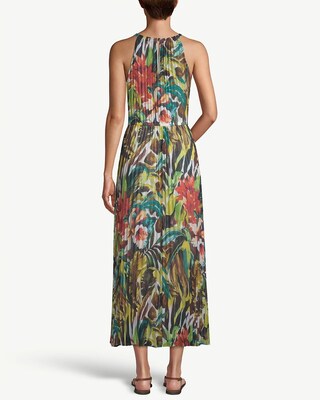 Tropical-Print Pleated Maxi Dress