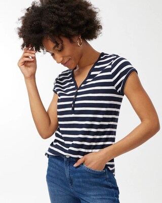 Stripe Cap Sleeve Henley Tee