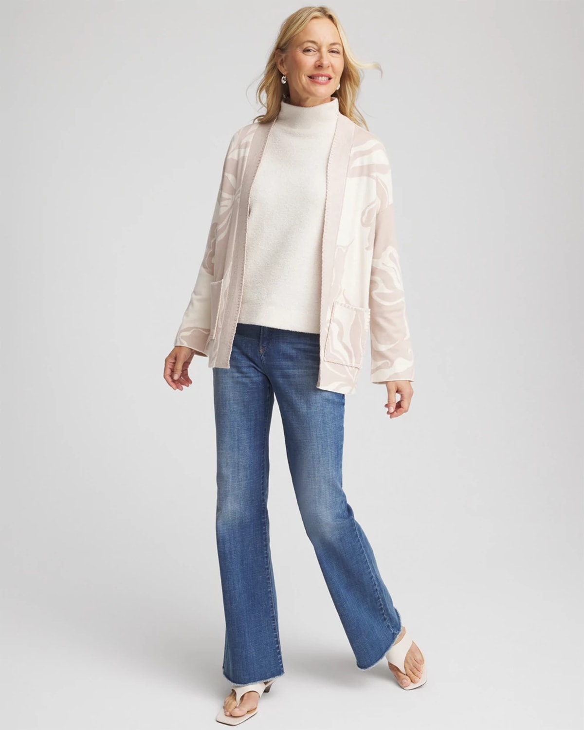 Chico's Abstract Bloom Cardigan Sweater In Cream